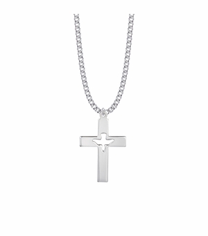 1-3/8 Inch Sterling Silver Pierced and Centered Dove Cross Necklace