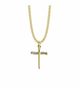 1-3/8 Inch Two-Tone 14KT Gold Plated Over Sterling Silver Nail Cross Necklace