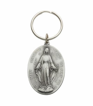 1-3/8 x 1-1/4 Inch Bright Fine Pewter Oval Miraculous Key Chain