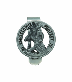 1-3/8 x 1-3/8 Inch Round Fine Pewter and Pierced St. Christopher Visor Clip
