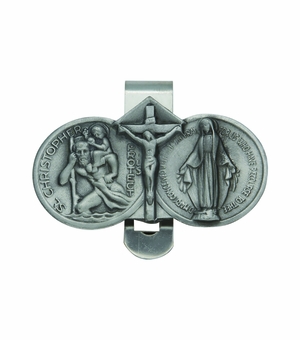 1-3/8 x 2-3/8 Inch Fine Pewter Crucifix with St. Christopher and Miraculous Mary Visor Clip