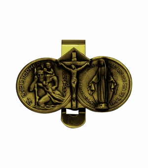 1-3/8 x 2-3/8 Inch Gold Fine Pewter Crucifix with St. Christopher and Miraculous Mary Visor Clip