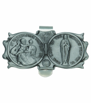 1-3/8 x 3 Inch Fine Pewter St. Christopher and Miraculous Mary Visor Clip