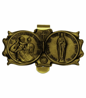 1-3/8 x 3 Inch Gold Fine Pewter St. Christopher and Miraculous Mary Visor Clip
