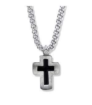1-5/16 Inch Antique Black Enamel Cross Necklace