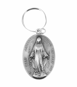 1-5/8 Inch Oval Antique Fine Pewter Miraculous Key Chain