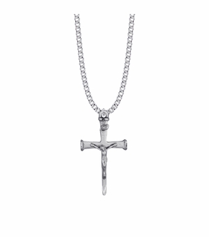 1-5/8 Inch Sterling Silver Antiqued Nail Crucifix Necklace