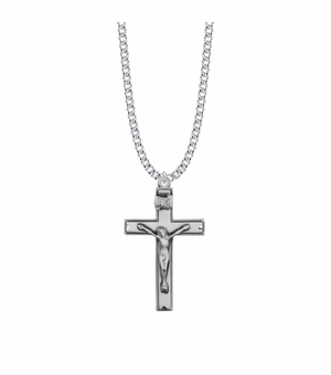 1-5/8 Inch Sterling Silver Beaded Antique Crucifix Necklace