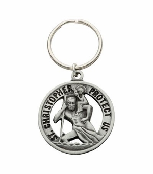 1-5/8 x 1-1/2 Inch Fine Pewter Round Pierced St. Christopher, Patron Saint of Travelers Key Chain