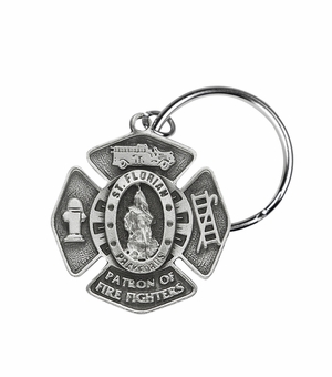 1-5/8 x 1-1/2 Inch Fine Pewter St. Florian, Patron Saint of Fire Fighters Maltese Cross Key Chain