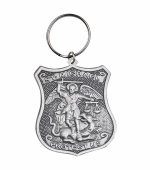 1-5/8 x 1-1/8 Inch Fine Pewter St. Michael, Patron Saint of Police Shield Key Chain