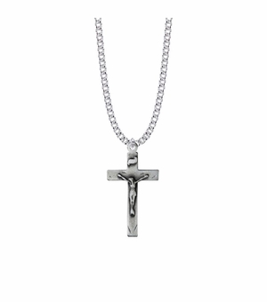 1-7/16 Inch Pewter Plain Antique and Engraved Crucifix Necklace