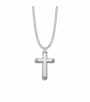 1-7/16 Inch Sterling Silver Beveled Cross Necklace