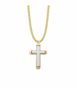 1-7/16 Inch Two-Tone 14KT Gold Plated Over Sterling Silver Beveled Cross Necklace