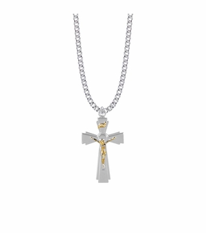 1-7/16 Inch Two-Tone Sterling Silver Flared Crucifix Necklace