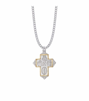 1-7/16 Inch Two-Tone Sterling Silver Gold Border Four Way Medal