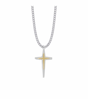1-7/16 Inch Two-Tone Sterling Silver Tapered Ends Double Cross Necklace