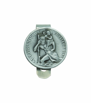 1-7/16 x 1-7/16 Inch Round Fine Pewter St. Christopher, Patron Saint of Travelers Visor Clip