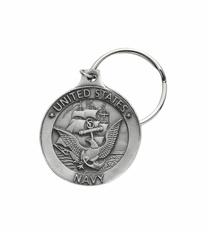 1-7/8 x 1-5/8 Inch Fine Pewter Round St. Michael Navy Key Chain