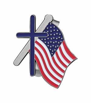 1-7/8 x 1-7/8 Inch Fine Pewter and Enameled American Flag with Cross Visor Clip