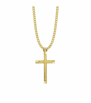 1-9/16 Inch 14KT Gold Plated Over Sterling Silver Brushed Finish Cross Necklace