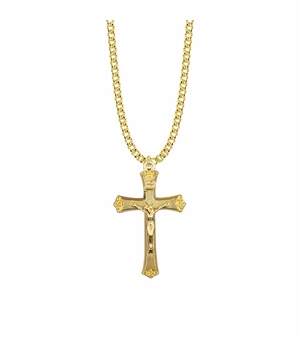 1-9/16 Inch 14KT Gold Plated Over Sterling Silver Decorative Budded Ends Crucifix Necklace