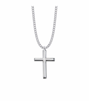 1-9/16 Inch Rhodium Plated Sterling Silver Polished Finish Cross Necklace