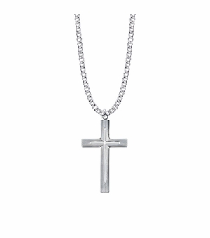 1-9/16 Inch Rhodium Plated Sterling Silver Polished Finish Outlined Inner Cross Necklace