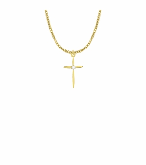 1 Inch 14K Gold Plated Over Iron and White Synthetic Centered Pearl Stick Cross Necklace