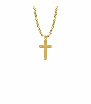 1 Inch 14KT Gold Plated Over Sterling Silver Engraved Ends Cross Necklace on 18 inch stainless steel gold plated chain