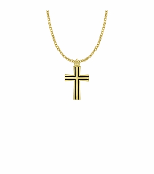 1 Inch 14KT Gold Plated Over Sterling Silver Flared Cross with Black Enamel Detailing Necklace