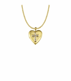 1 Inch 14KT Gold Plated Over Sterling Silver Heart Locket Necklace with Cubic Zirconia Stone Cross