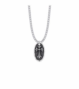 1 Inch Pewter Oval Centered Cross Pendant Necklace