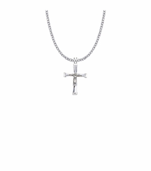 1 Inch Sterling Silver and Glass Crystal April Birthstone Baguette Crucifix Necklace