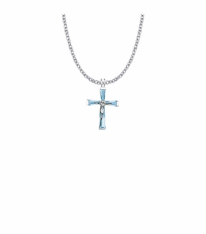 1 Inch Sterling Silver and Glass Crystal December Birthstone Baguette Crucifix Necklace