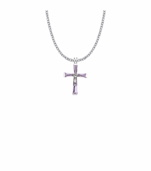 1 Inch Sterling Silver and Glass Crystal February Birthstone Baguette Crucifix Necklace
