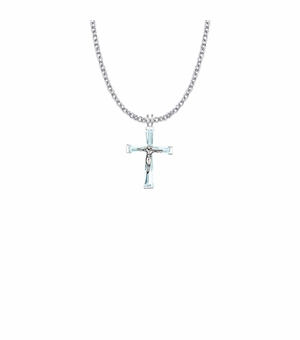 1 Inch Sterling Silver and Glass Crystal March Birthstone Baguette Crucifix Necklace