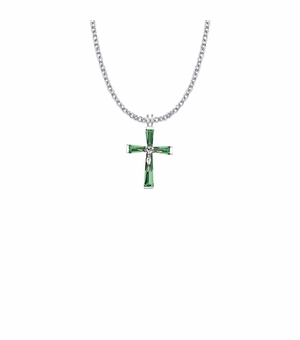 1 Inch Sterling Silver and Glass Crystal May Birthstone Baguette Crucifix Necklace