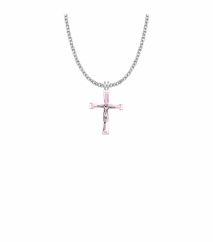 1 Inch Sterling Silver and Glass Crystal October Birthstone Baguette Crucifix Necklace