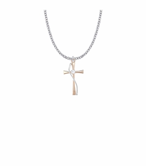 1 Inch Sterling Silver and Rose Gold Wired and Centered CZ Stone Flared Cross Necklace