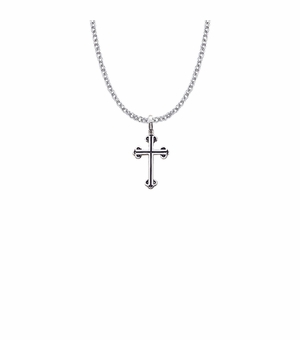 1 Inch Sterling Silver Budded Cross with Black Enamel Inlay Necklace