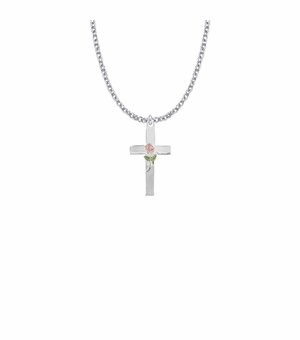 1 Inch Sterling Silver Centered Enameled Rose Cross Necklace