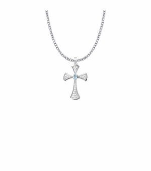 1 Inch Sterling Silver Flared Cross Necklace with Aqua Glass CZ Stone Center