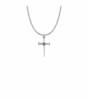 1 Inch Sterling Silver Nail with Copper Center and Diamond Engraved Ends Cross Necklace