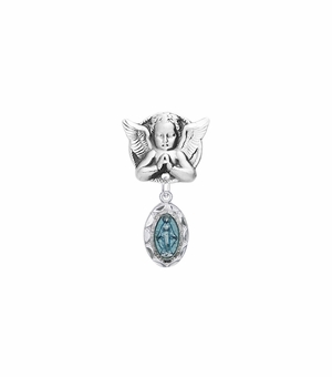 1 Inch Sterling Silver Oval Blue Enamel Baby Bar Pin with Guardian Angel Bar and Miraculous Medal