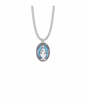 1 Inch Sterling Silver Oval Blue Enameled and Antiqued Finish Miraculous Medal