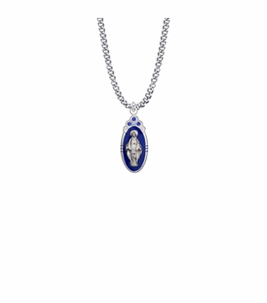 1 Inch Sterling Silver Sapphire Stones Oval Miraculous Medal
