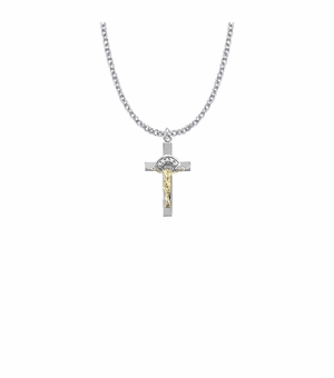 1 Inch Sterling Silver Two-Tone with CZ Stones Crucifix Necklace