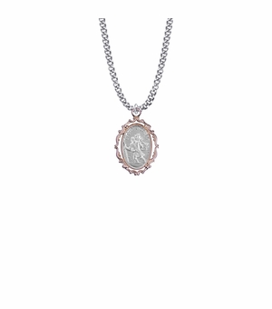 1 Inch Sterling Silver with Decorative Rose Gold Plating Border Oval St. Christopher Medal, Patron Saint of Travelers