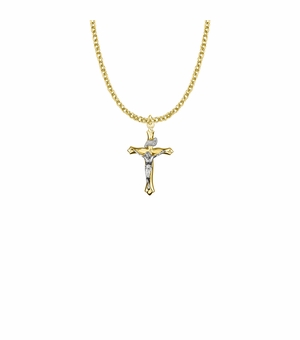 1 Inch Two-Tone 14KT Gold Plated Over Sterling Silver Budded Crucifix Necklace